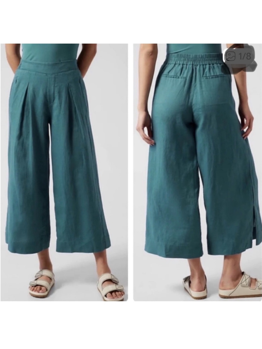 Athleta Teal Wide-Leg Cropped Linen Blend Pants